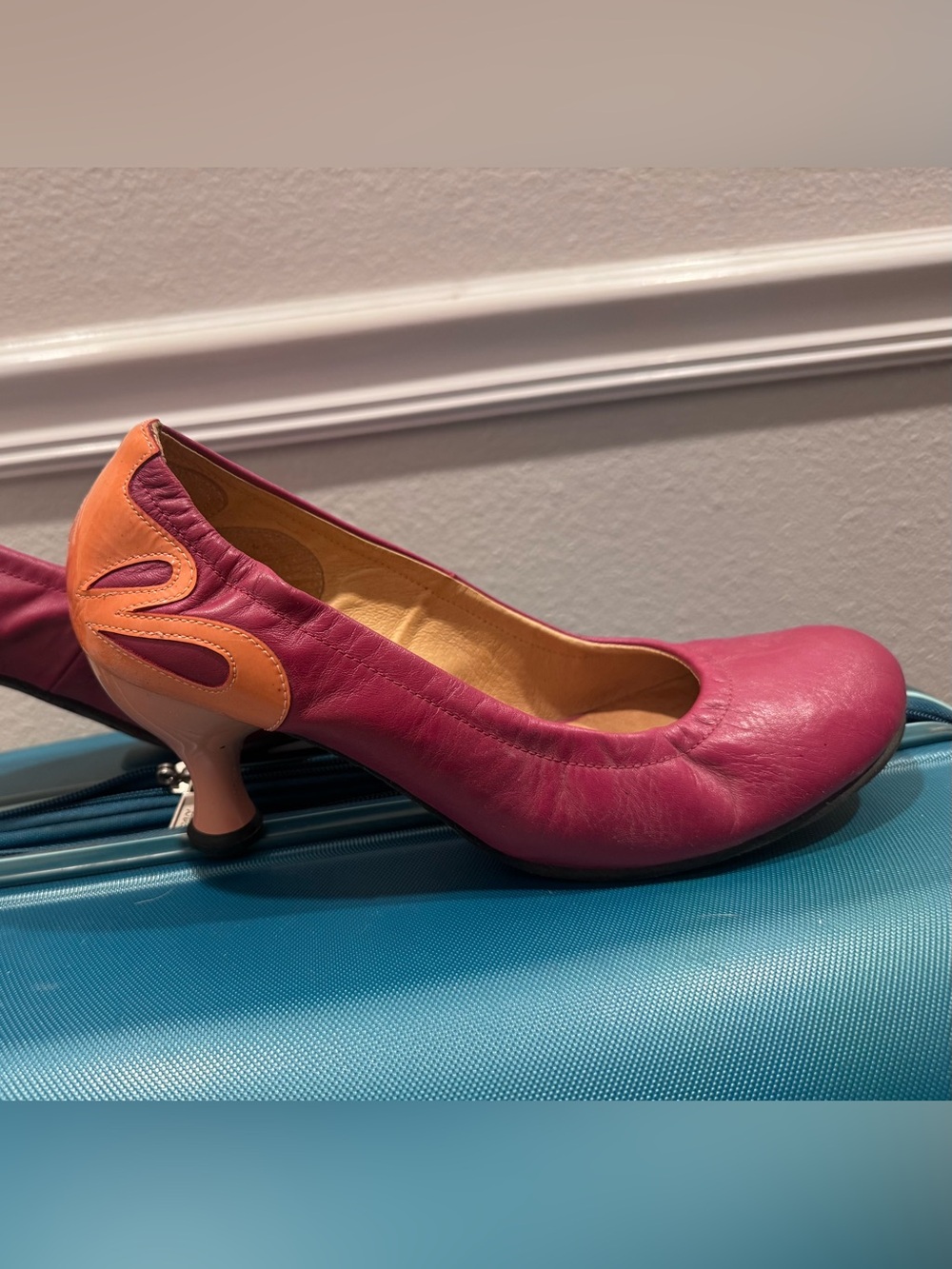 John Fluevog Pink Leather Pumps with Orange Accent